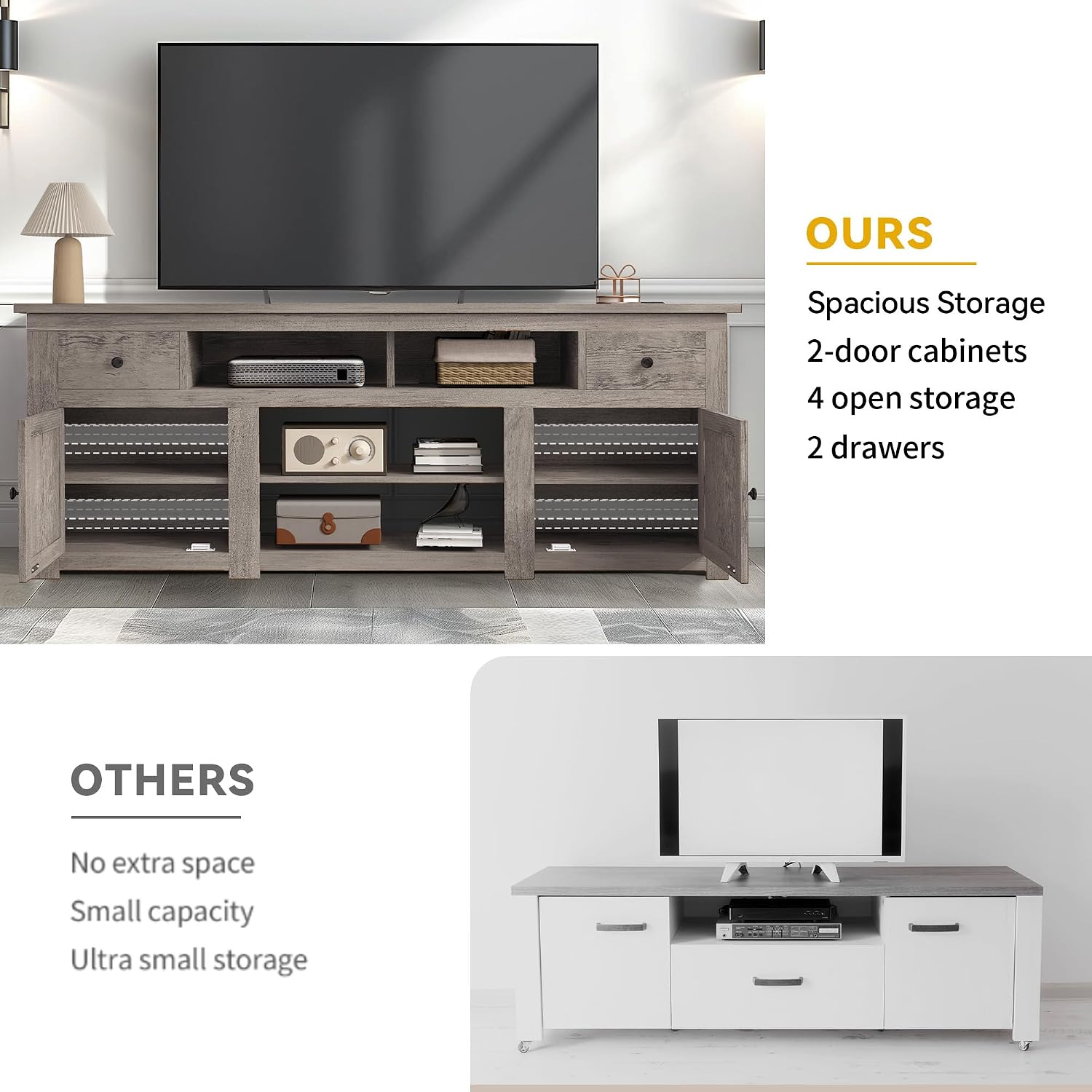 DWVO Farmhouse TV Stand for 75/80 Inches TVs, Entertainment Centers Furniture 30' Tall, TV Consoles with Storage Drawers & Power Outlet, Rustic TV Stands for Living Room, Washed Grey