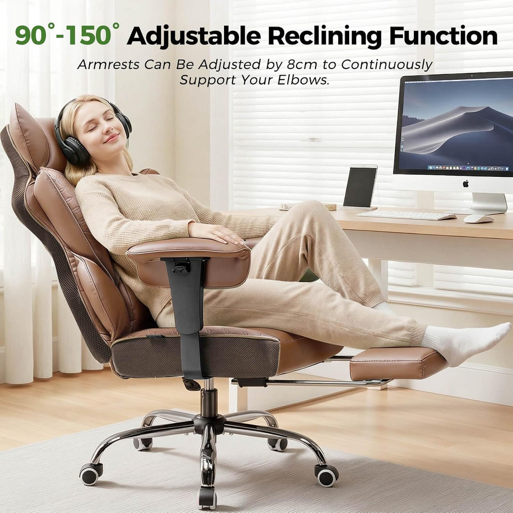 GTPOFFICE Big and Tall Office Chair 400LBS Wide Seat Computer Gaming Chair with Footrest & Comfy Lumbar Support, Leather High Back Executive Chair with Ergonomic Pressure Relief Seat Cushion, Brown