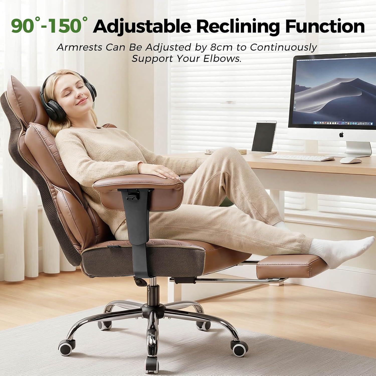 GTPOFFICE Big and Tall Office Chair 400LBS Wide Seat Computer Gaming Chair with Footrest & Comfy Lumbar Support, Leather High Back Executive Chair with Ergonomic Pressure Relief Seat Cushion, Brown