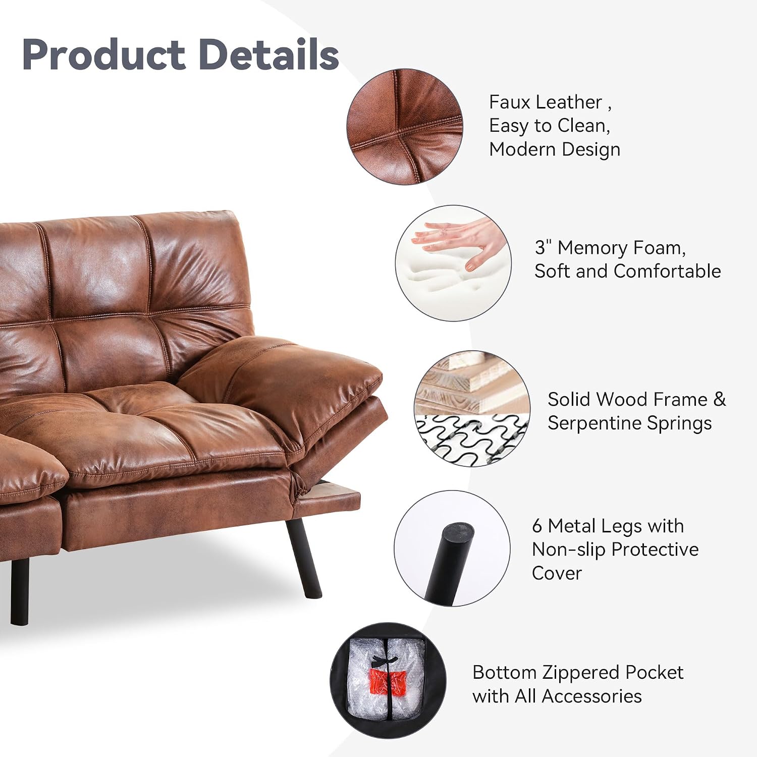 71' Convertible Futon Sofa,Faux Leather Futon Couch Bed,Sleeper Sofa Bed,Memory Foam Modern Folding Small Loveseat for Living Room,Office,Apartment,Classic Brown