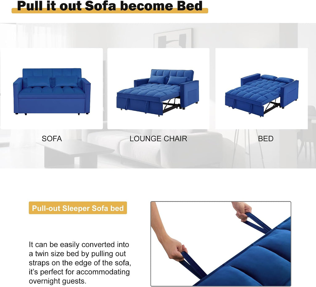 Convertible Sleeper Sofa Bed, Loveseat Sleeper Sofa with Large Side Pockets, Pull Out Sofa Bed with 3 Position Adjustable Backrest, 3 in 1 Velvet Couch Bed for Small Spaces, Apartment, Blue