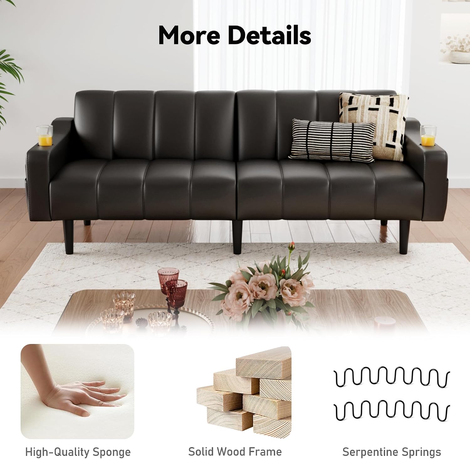 80'' Futon Sofa Bed,Faux Leather Futon Sleeper Sofa, Convertible Loveseat with Adjustable Sofa Backrest,Modern Couches for Living Room, Bedroom, Apartment, Office (Black)
