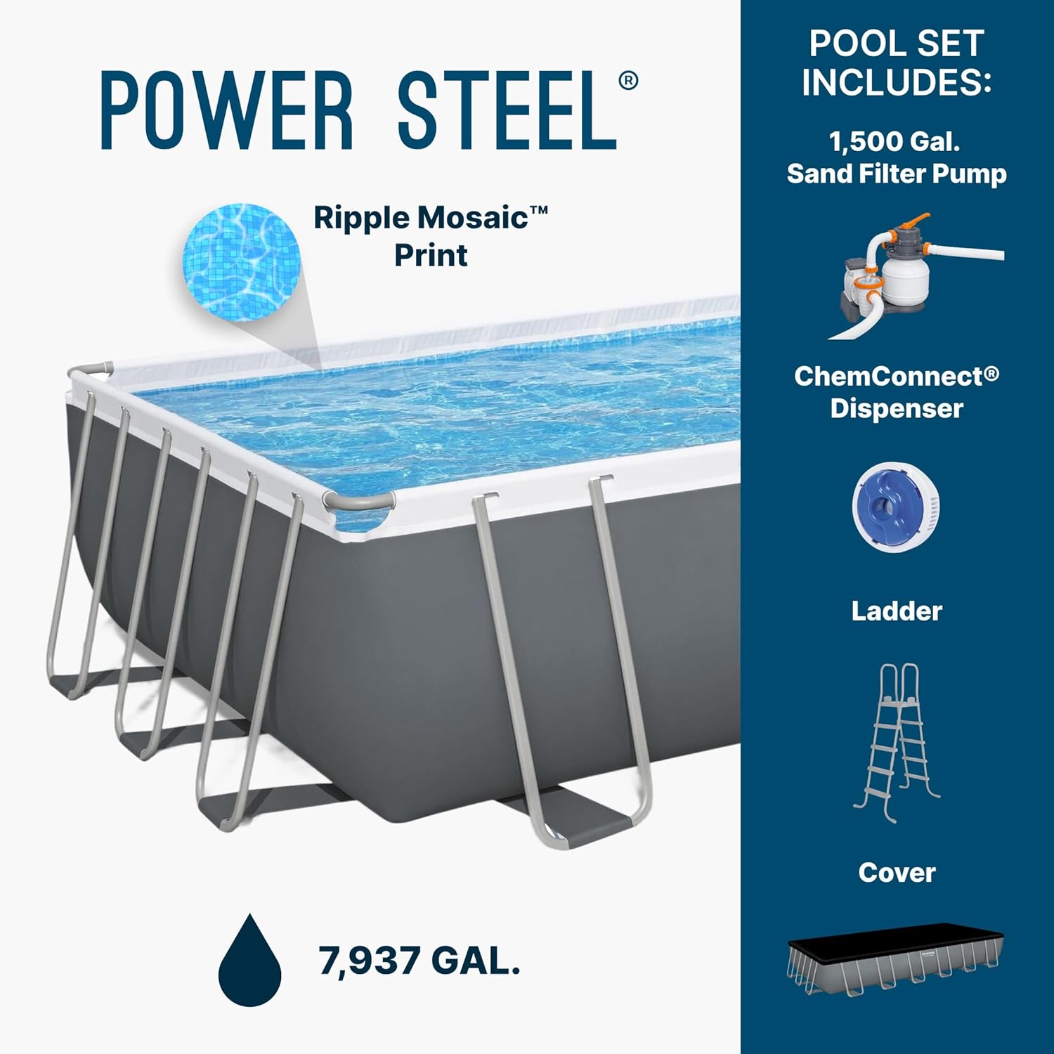 Bestway Power Steel 24' x 12' x 52' Above Ground Pool, Rectangular Metal Frame Outdoor Swimming Pool Set with Sand Filter Pump, Ladder, and Cover