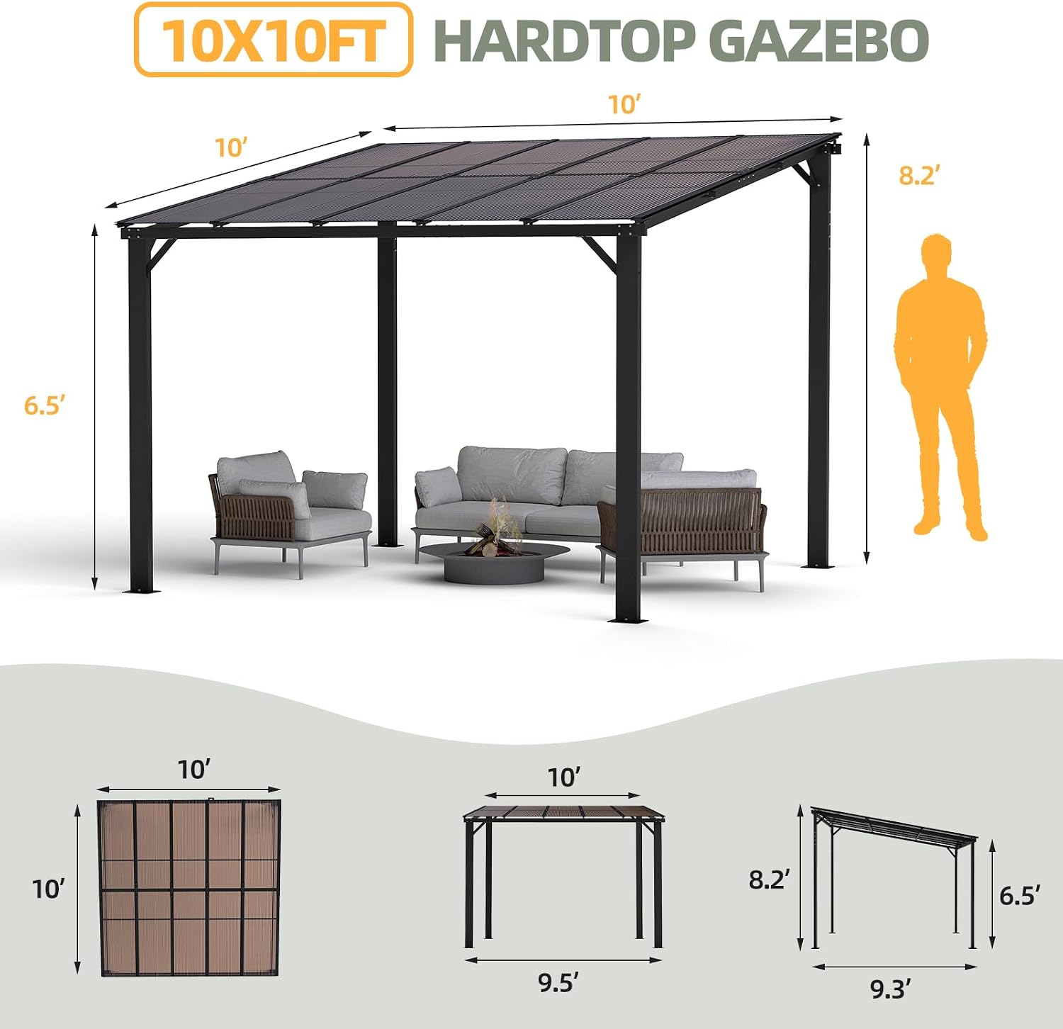 10'×10' Patio Gazebo with Waterproof Fuzzy Strip, Outdoor Gazebo with Innovative Base Support, Wall Mounted Gazebos Pergola with Roof for Backyard, Decks, Garden