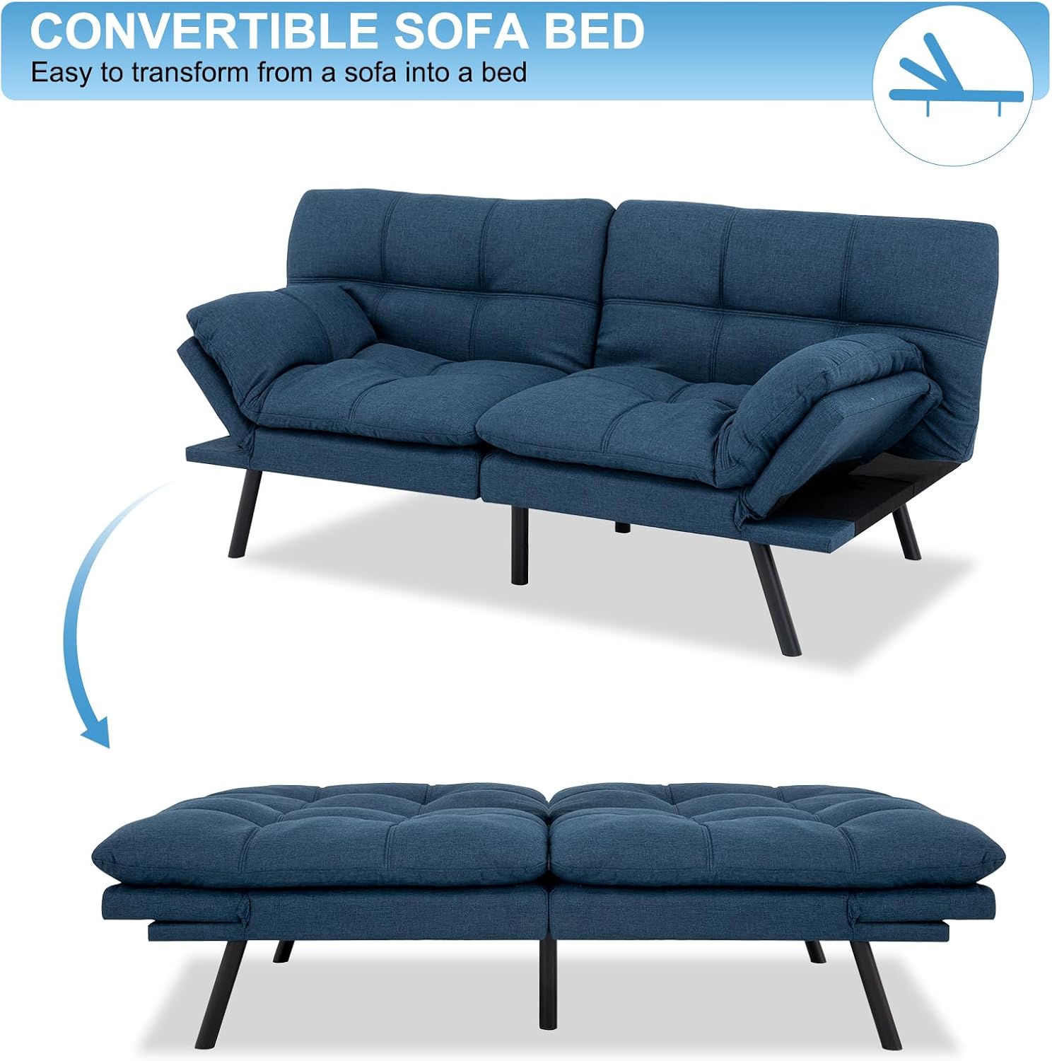 MUUEGM Futon Sofa Bed Couch Sofa, Memory Foam Futon Sleeper Sofa Loveseat Convertible Couch Bed for Small Compact Spaces, Apartment, Blue.