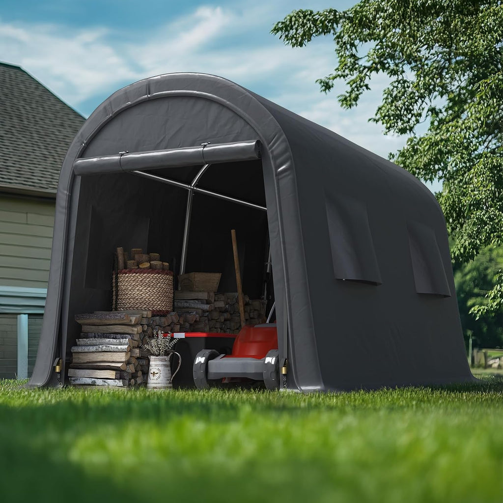 ADVANCE OUTDOOR 7x12 ft Shelter Storage Shed Steel Metal Round Peak Roof Portable Garage Carport for Motorcycle, Boat, or Garden Tools with 2 Roll up Doors & Vents, Gray