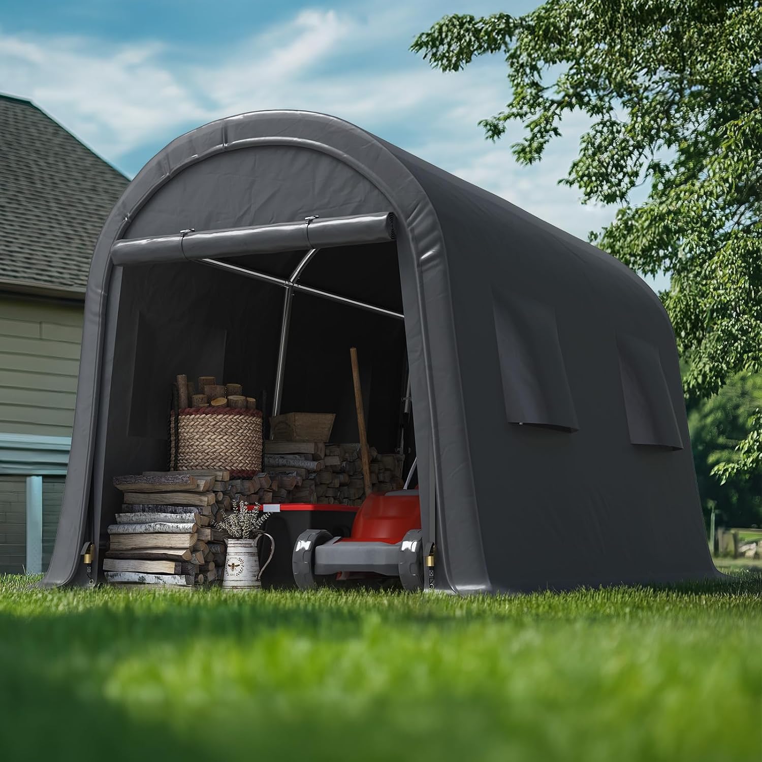 ADVANCE OUTDOOR 7x12 ft Shelter Storage Shed Steel Metal Round Peak Roof Portable Garage Carport for Motorcycle, Boat, or Garden Tools with 2 Roll up Doors & Vents, Gray
