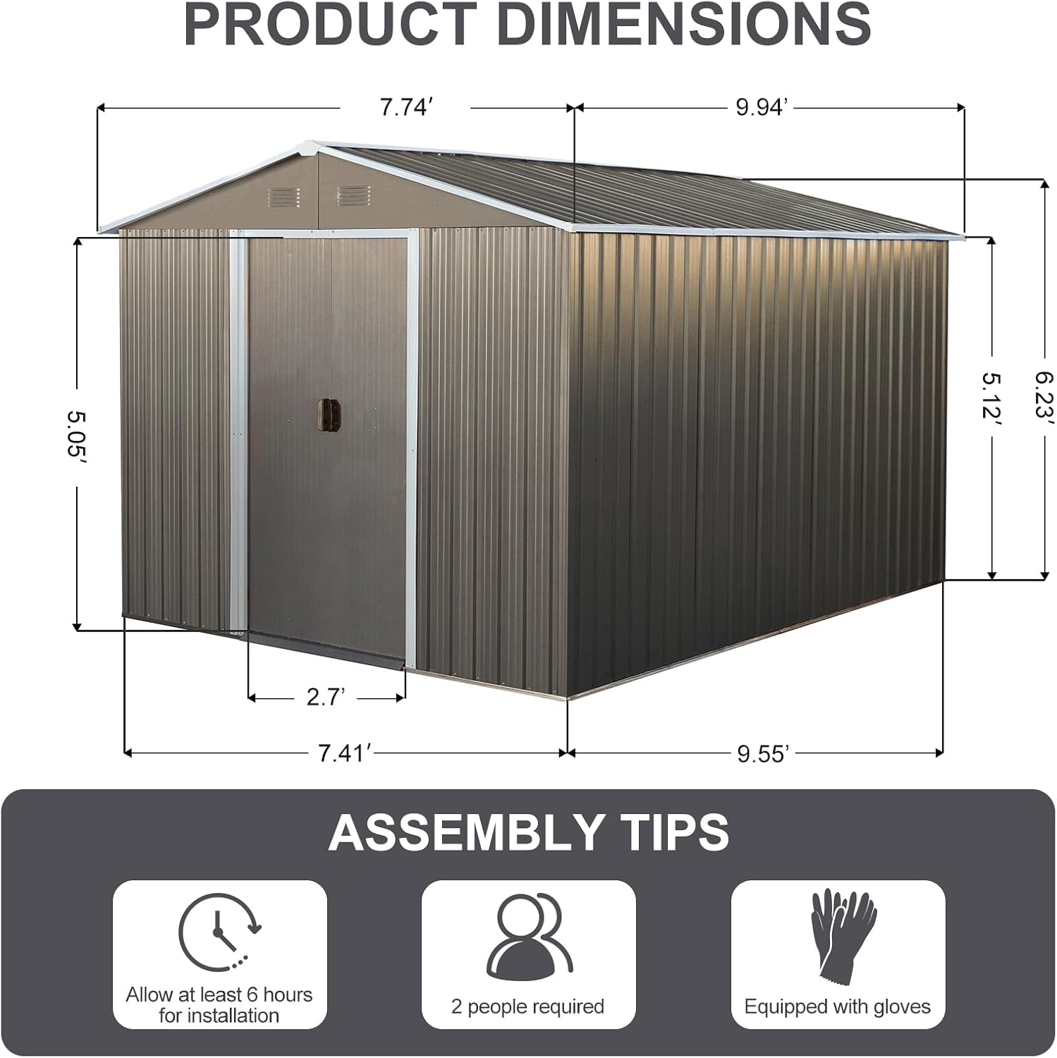 10 x 8 FT Outdoor Storage Shed, Metal Garden Shed with Floor Frame, Large Tool Shed Outdoor Storage with Lockable Sliding Doors & Air Vents, Storage House Waterproof for Backyard, Lawn, Gray