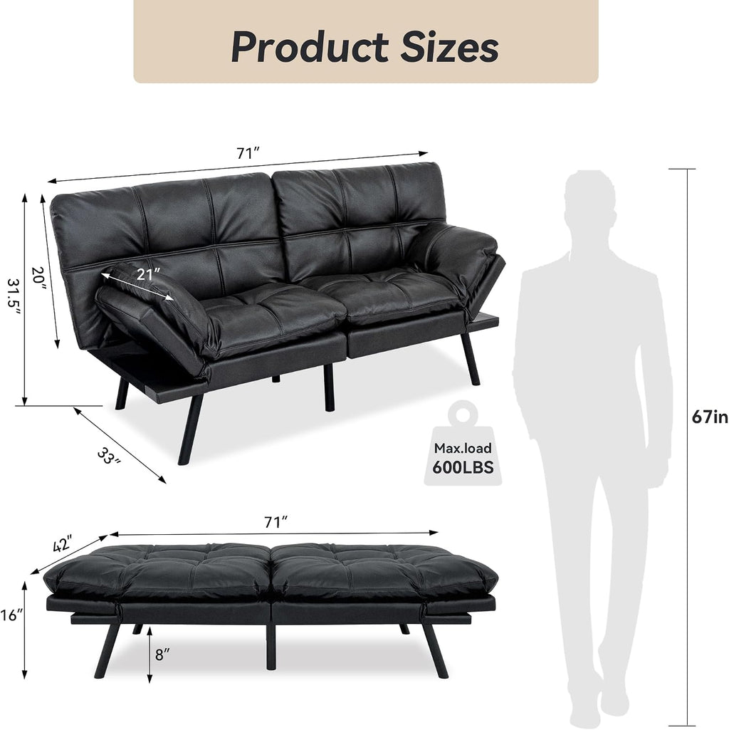 71' Convertible Futon Sofa Bed,Faux Leather Futon Couch Bed,Memory Foam Sleeper Sofa,Modern Folding Small Loveseat for Living Room,Office,Apartment,Matte Black