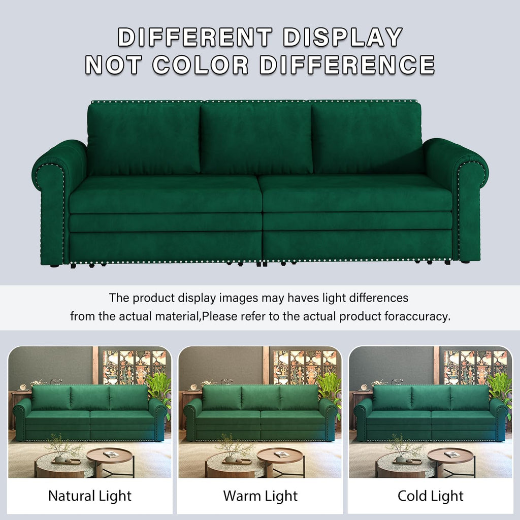 93.7' King Pull Out Sofa Bed, Velvet Sleeper Sofa Couch, 3 in 1 Convertible Futon Couches for Living Room, Small Space, Apartment, Office, Bedroom, Modern Rivet Armrest, Green