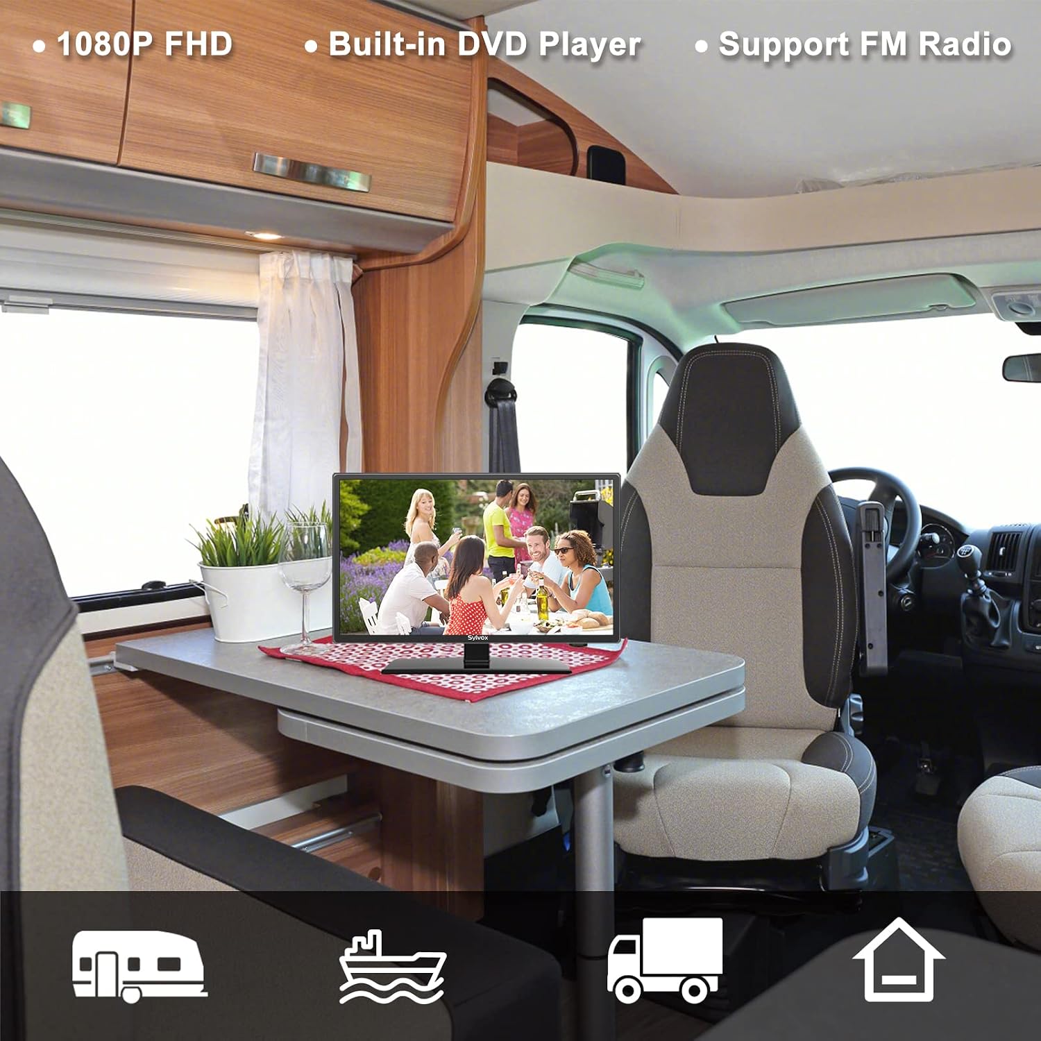 SYLVOX 12V TV 24 inch, 1080P RV TV 12 Volt DC Powered Integrated HDTV(ATSC) Tuner, Built-in DVD Player Speaker FM Radio, with HDMI/USB/AV Input, Suitable for Motorhome, RV Caravan and Boat