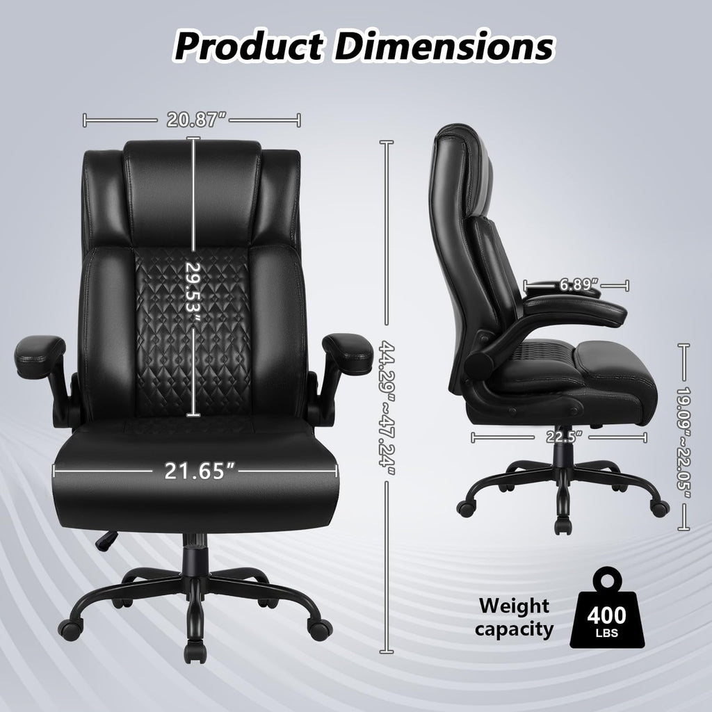 Office Chair, Big and Tall 400LBS Heavy Duty Executive Office Desk Chair with Flip-up Armrest, Ergonomic Swivel High Back Office Chairs with Lumbar Support, PU Leather (Black)
