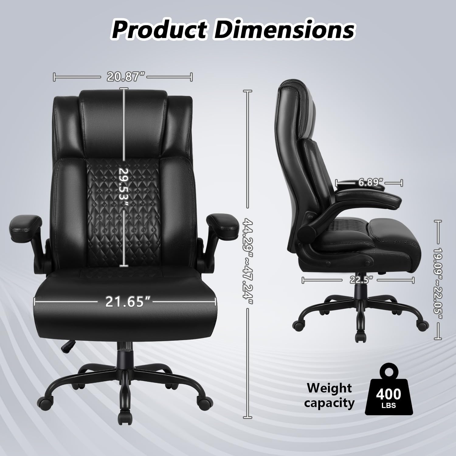 Office Chair, Big and Tall 400LBS Heavy Duty Executive Office Desk Chair with Flip-up Armrest, Ergonomic Swivel High Back Office Chairs with Lumbar Support, PU Leather (Black)