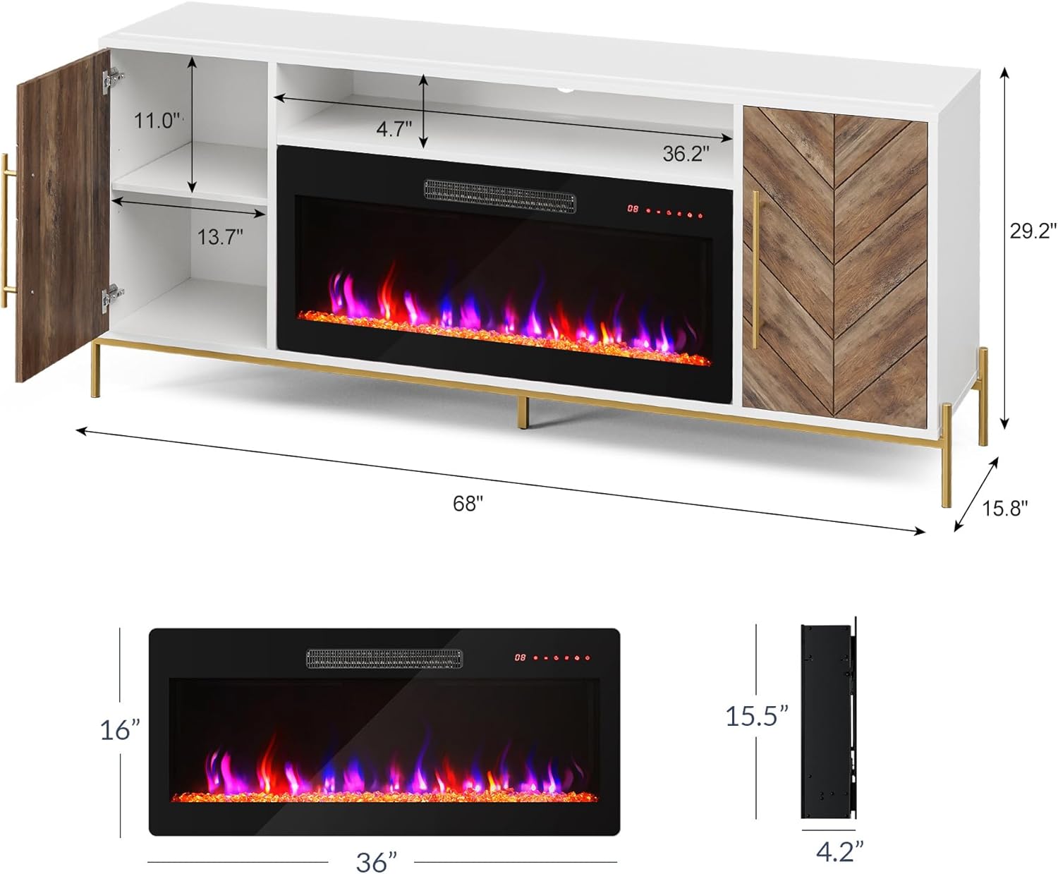 BELLEZE 68' Wood TV Stand with 36' Electric Fireplace, Entertainment Center with Storage Cabinet, Console Table for TVs up to 75 Inches, for Living Room, Bedroom - Harper (White Ebony)