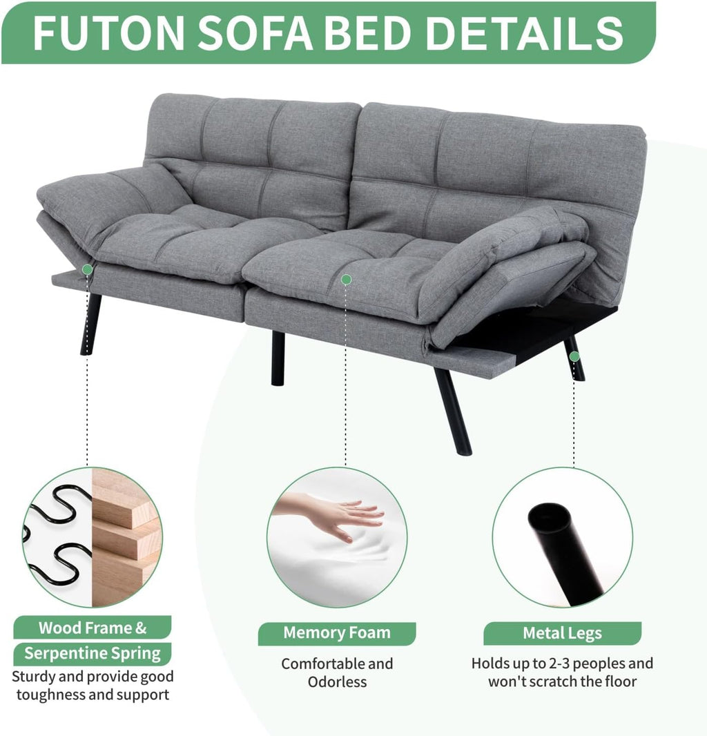 MUUEGM 71' Futon Sofa Bed, Convertible Couch Bed, Modern Loveseat with Adjustable Backrest&Armrest, Sofas for Living Room,Game Room,Dormitory,Office.Light Grey Fabric
