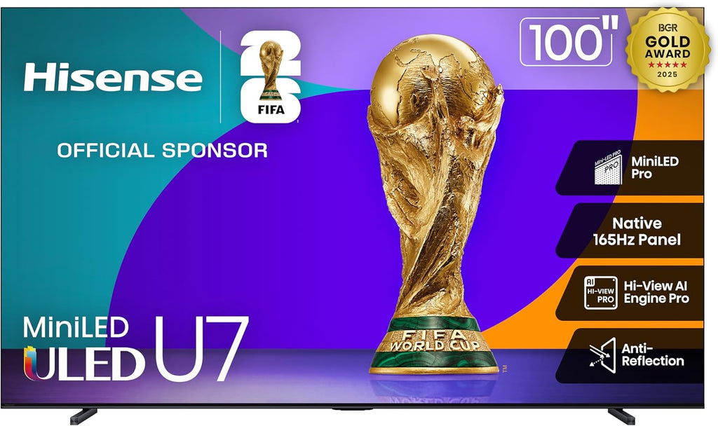 Hisense 100' U7 Mini-LED ULED 4K UHD Best Premium Gaming Google Smart TV (100U75QG) - QLED, Native 165Hz, VRR 288, Up to 3000 Nits, HDR10+, Dolby Vision IQ · Atmos, IMAX Enhanced, 2.1.2 Ch