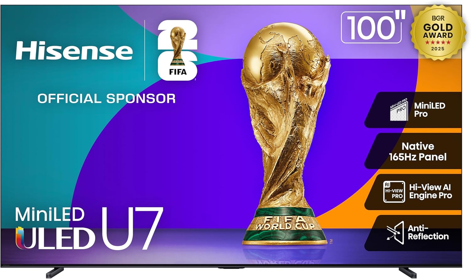 Hisense 100' U7 Mini-LED ULED 4K UHD Best Premium Gaming Google Smart TV (100U75QG) - QLED, Native 165Hz, VRR 288, Up to 3000 Nits, HDR10+, Dolby Vision IQ · Atmos, IMAX Enhanced, 2.1.2 Ch
