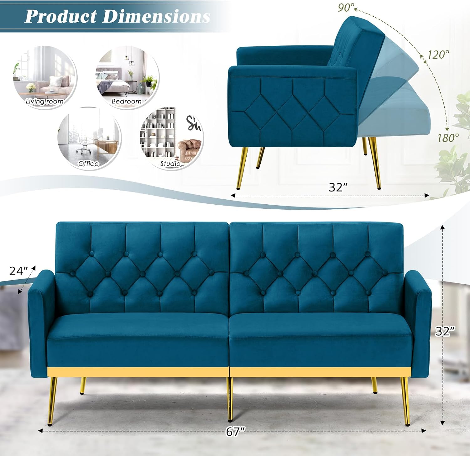 Tufted Velvet Futon Sofa Bed w/Adjustable Armrests & Backrests, Comfortable Sleeper Couch, Modern Convertible Love seat Sofa for Living Room, Bedroom, Apartment, Teal