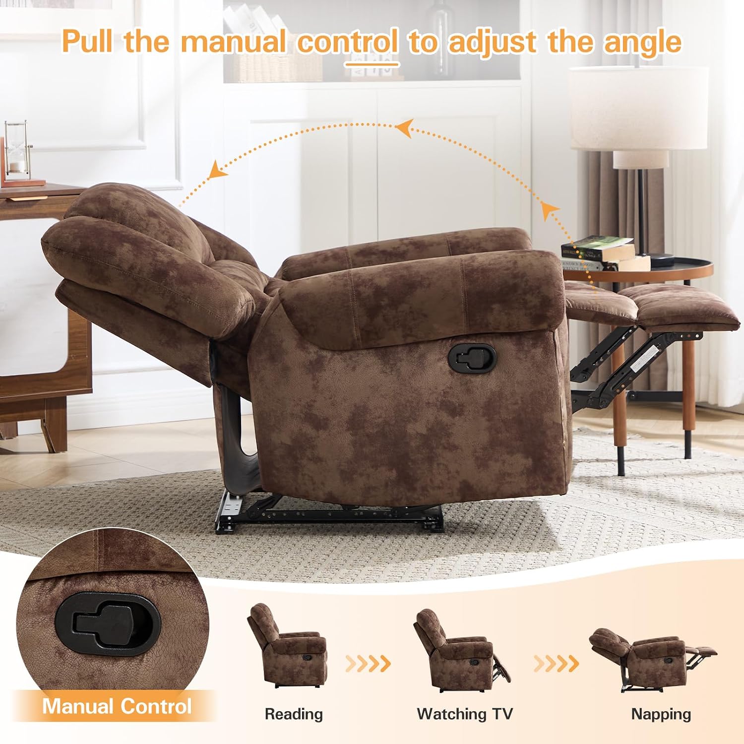CANMOV Manual Recliner Chair, Classic and Traditional Fabric Recliner Chair with Comfortable Arms and Back Single Sofa for Living Room, Chocolate Brown