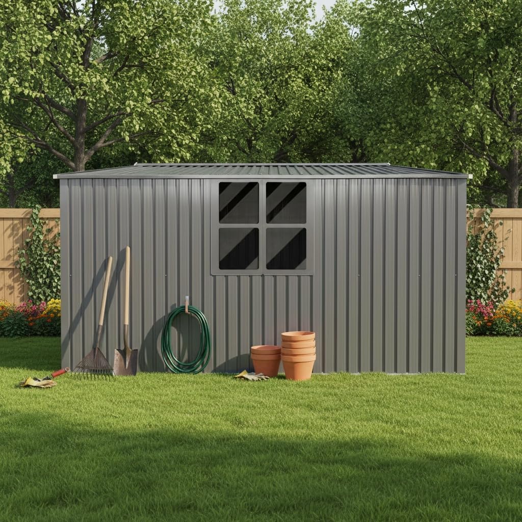 YOPTO 12x14 FT Sheds & Outdoor Storage,Metal Waterproof Firewood Shed with 2 Integrated Punched Vents,2-in-1Heavy-Duty Garden Tool House w/Window & Door,Shelter for Wood,Bicycles,Grey
