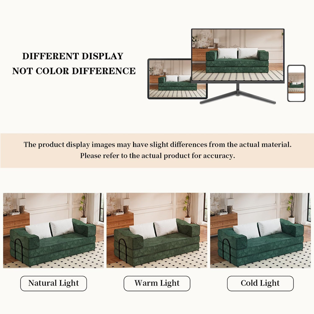 80' King Size Convertible Sofa Bed Sleeper, Foldable Futon Couch with Memory Foam & 2 Pillows, Chenille Fabric Modular Loveseat for Small Spaces, Apartment, Living Room, Studio (Green, 80in)