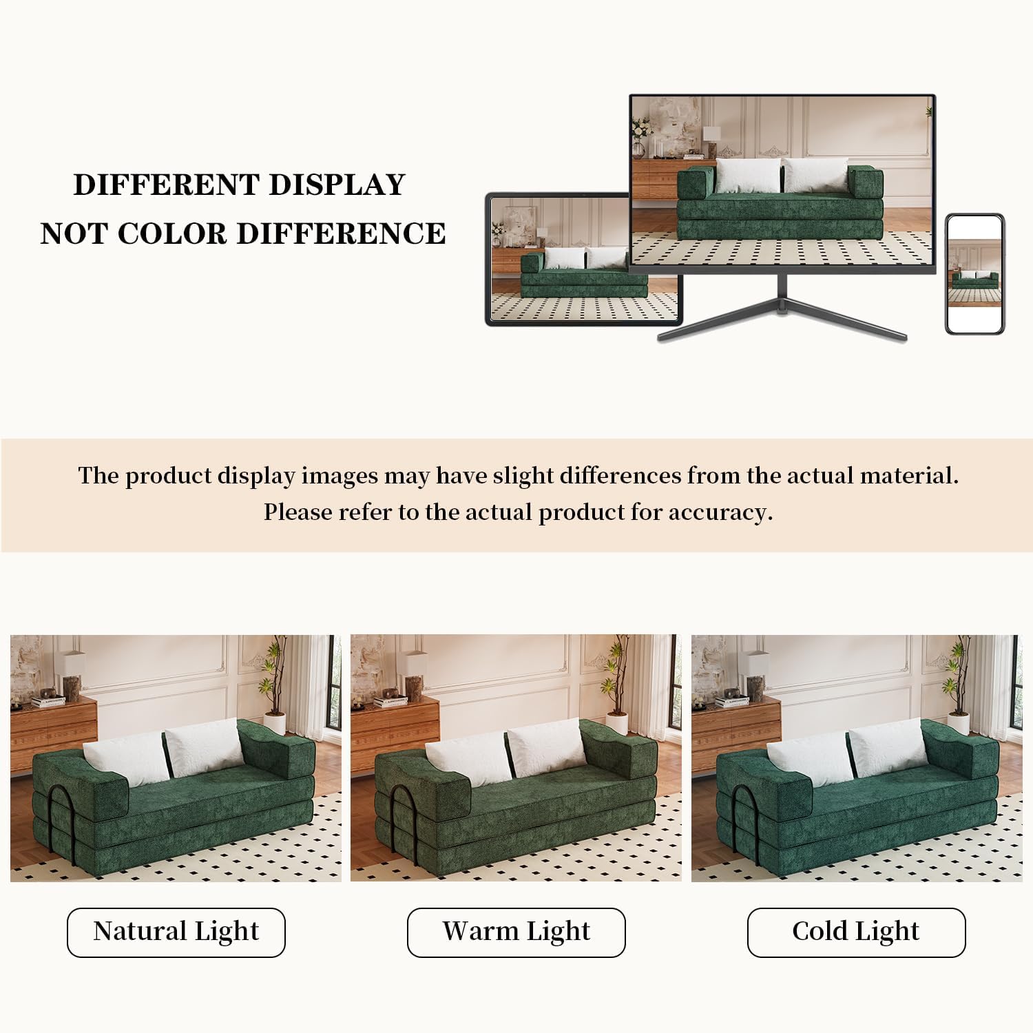 80' King Size Convertible Sofa Bed Sleeper, Foldable Futon Couch with Memory Foam & 2 Pillows, Chenille Fabric Modular Loveseat for Small Spaces, Apartment, Living Room, Studio (Green, 80in)