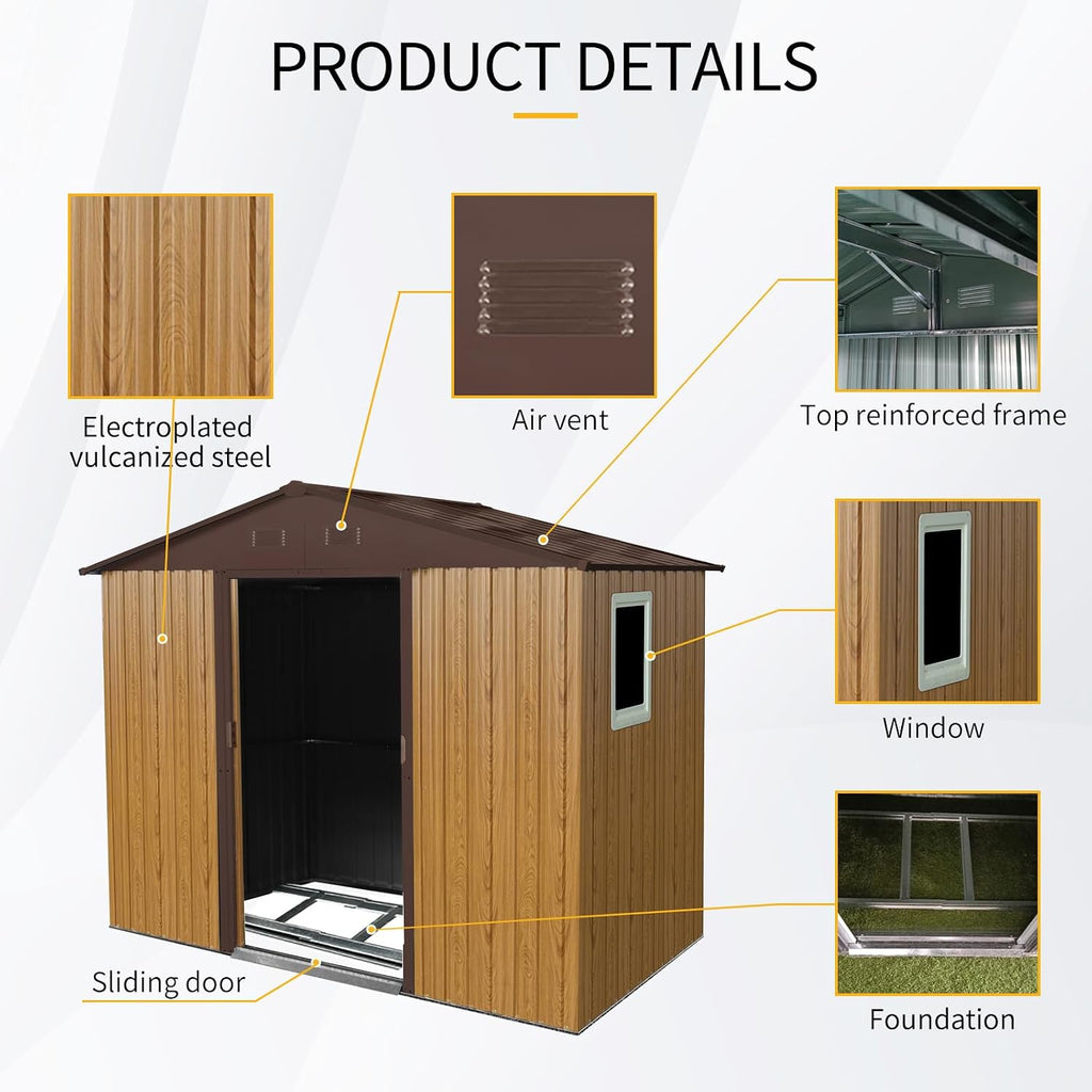 89in*47in Heavy-Duty Outdoor Metal Storage Shed with Floor Foundation & Window - Galvanized Steel Tool Shed, Tiny Home Backyard Solution w/Lock, Shelves & Anchors,Coffee