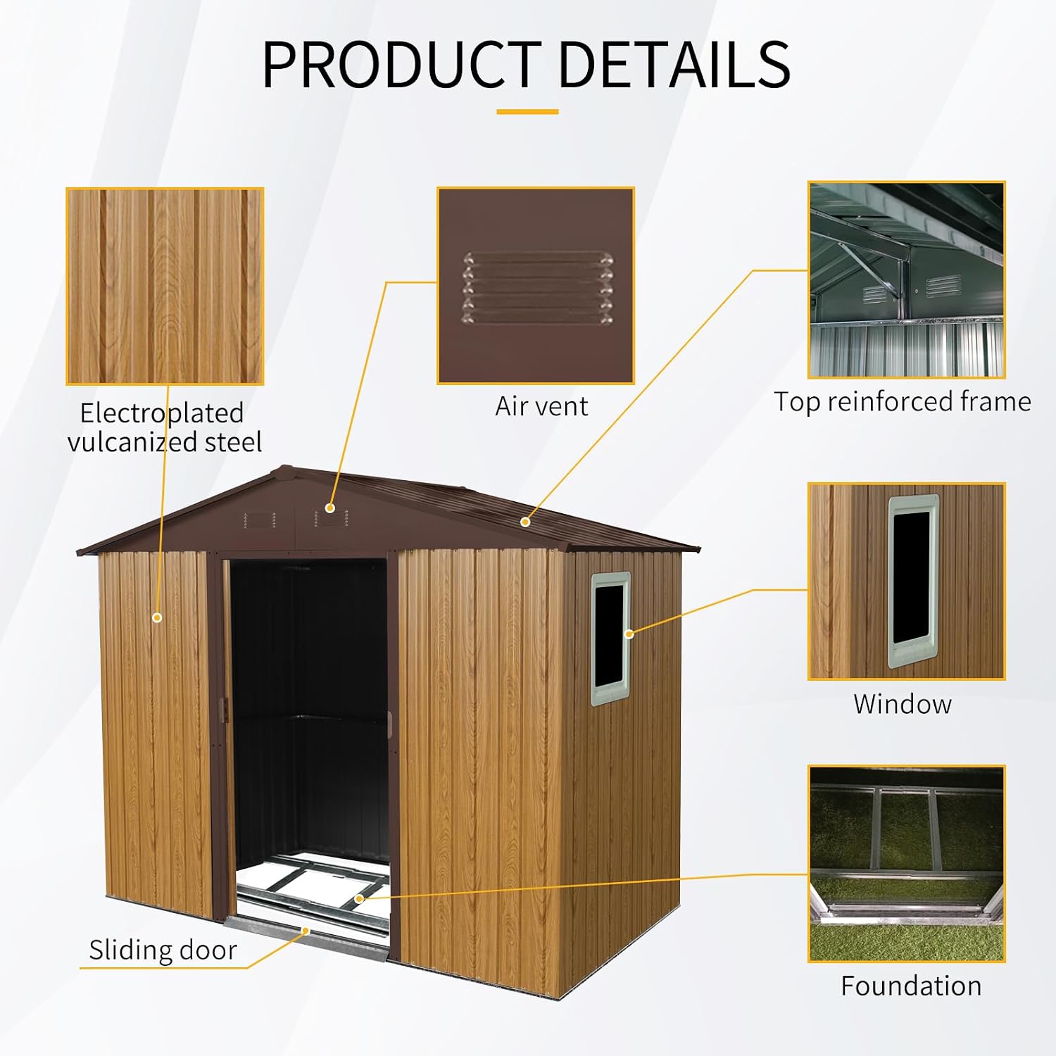 89in*47in Heavy-Duty Outdoor Metal Storage Shed with Floor Foundation & Window - Galvanized Steel Tool Shed, Tiny Home Backyard Solution w/Lock, Shelves & Anchors,Coffee