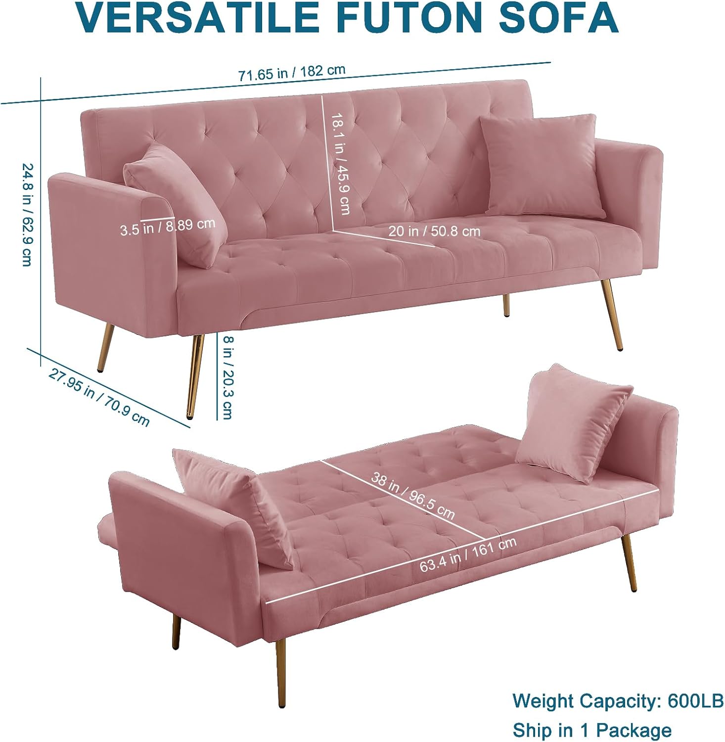 71.65'' Convertible Sofa Bed Modern Futon Set, Velvet Foldable Reclining Loveseat, Three Adjustment Angles,Mid Century Modern Couches for Living Room/Bedroom/Apartment, Easy Assembly,Pink