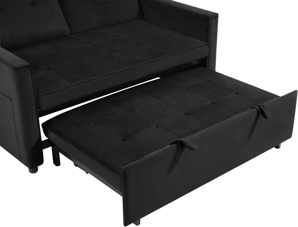 Sofa Bed, Pull Out Couch with Side Pockets, 3 in 1 Velvet Fabric Loveseat Sleeper Sofa Bed, Pull Out Couch with Adjustable Backrest for Living Room, Bedroom, Apartment, Black, 53 Inch