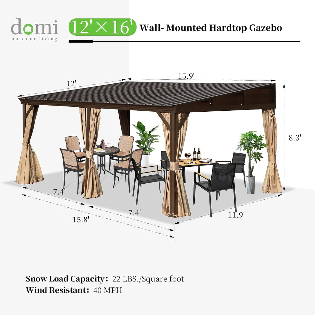 DOMI 12x16FT Lean to Gazebo, Outdoor Hardtop Wall Mounted Gazebo with Sloping Galvanized Steel Roof, Durable Aluminum Frame, Netting Curtain for Deck, Porch, Backyard