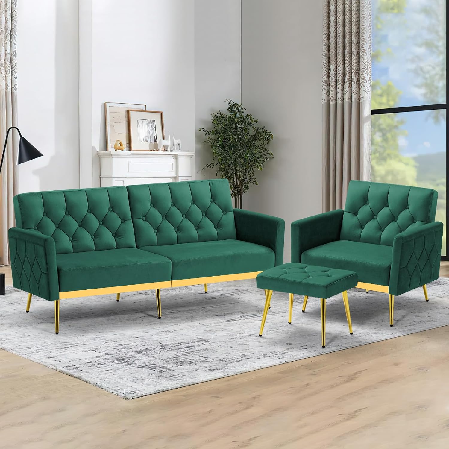 2 Pieces Velvet Sofa Set w/Adjustable Armrests and Backrests, Tufted Accent Chair w/Ottoman, Convertible Futon Sofa Bed for Bedroom, Living Room, Apartment, Green
