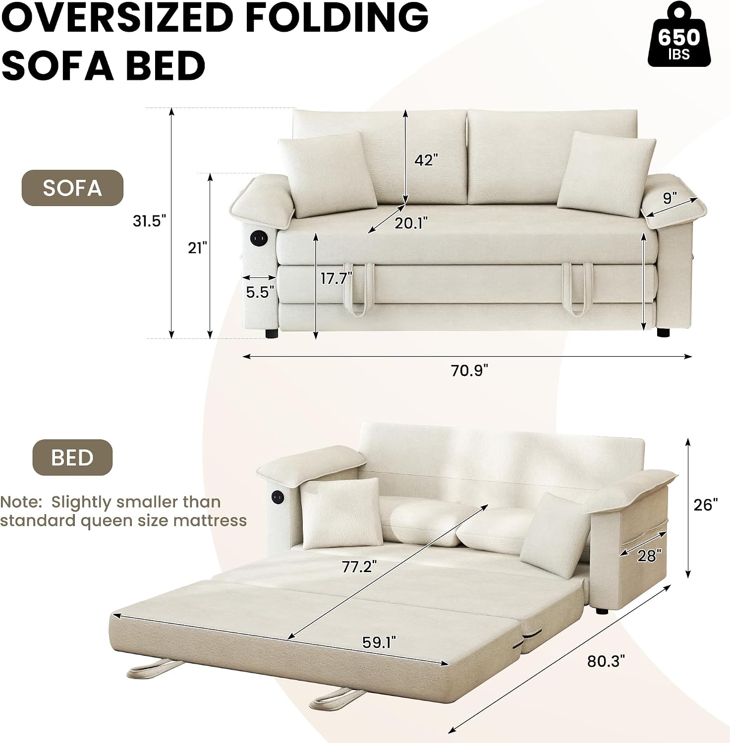 SUNWAVE 77' Sleeper Sofa Convertible Sofa Bed with USB Ports & Side Pockets, Chenille Loveseat Pull Out Couch with Full Size Sleeping Area, Folding Sofa Bed for Living Room & Small Spaces (Ivory)