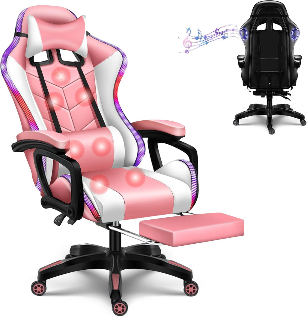Computer Gaming Chair with LED Lights and Speakers PU Leather Office Chair with Lumbar Pillow Support and Footrest, Massage Gamer Chair High Back Video Game Chair for Adult Teens,Pink