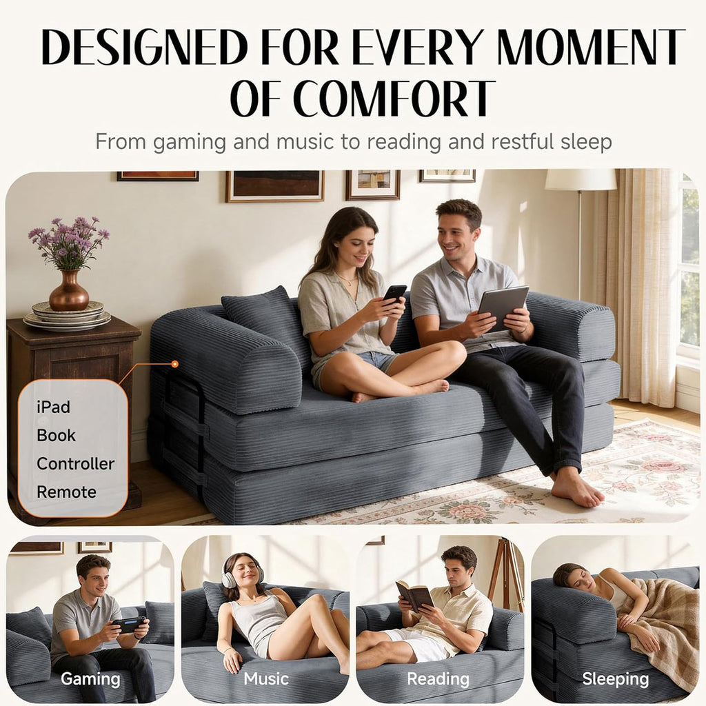 79'' Convertible Sofa Bed, Boneless Couch-in-a-Box, Corduroy Floor Futon Loveseat Sleeper, 26'' Deep Seat, Removable Machine-Wash Covers, No Assembly, 2 Pillows, Dark Grey