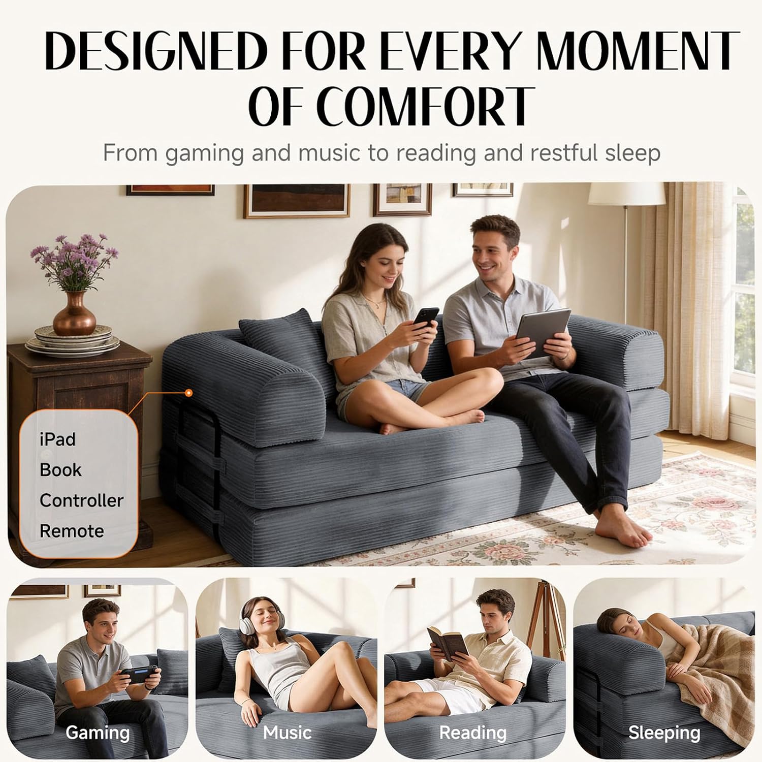 79'' Convertible Sofa Bed, Boneless Couch-in-a-Box, Corduroy Floor Futon Loveseat Sleeper, 26'' Deep Seat, Removable Machine-Wash Covers, No Assembly, 2 Pillows, Dark Grey