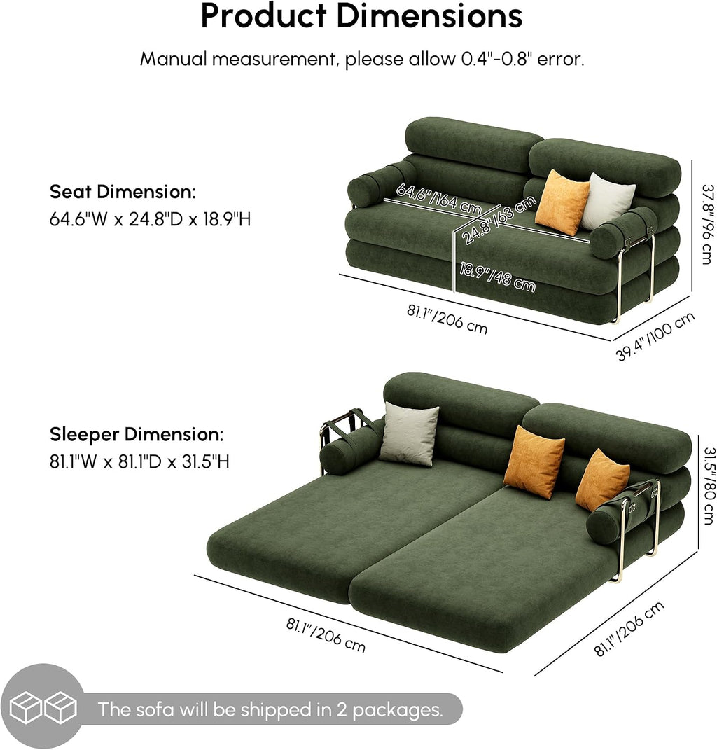 homary Velvet Futon Sofa Bed 81' 3-Seater Convertible Couch with Detachable Pillows, Stainless Steel Legs, Modern Sleeper Sofa for Living Room & Apartment (Evergreen)