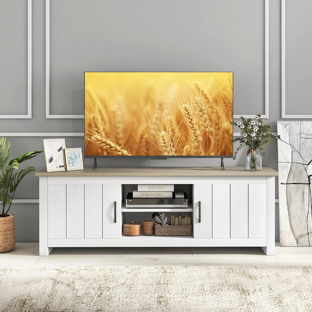 Tangkula 2 Doors TV Stand for TVs up to 65', 57' Media Console Table w/ 2 Cabinets & Open Shelves, 2 Cable Management Holes. Wood Entertainment Center Cabinet for Living Room (White Oak)