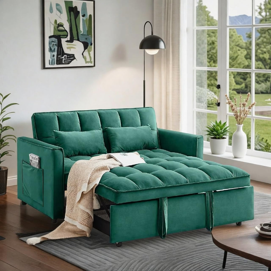 Convertible Sofa Bed, Pull Out Couch with Side Pockets, 3 in 1 Velvet Fabric Loveseat Sleeper Sofa Bed with Adjustable Backrest for Living Room, Bedroom, Apartment, Green
