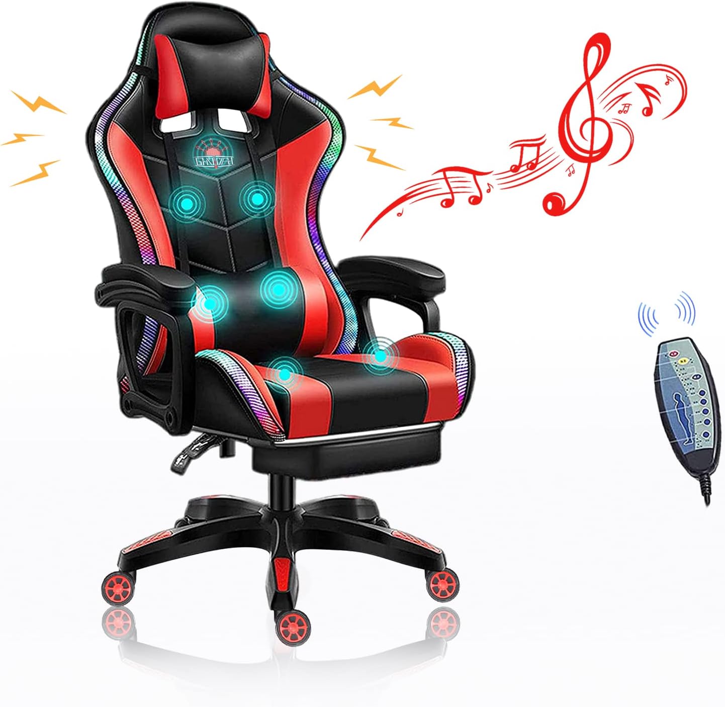 PC Gaming Chair Racing Office Chair Ergonomic Desk Chair with Speakers and LED Lights, E-Sports Computer Chair with Footrest and Lumbar Support, Swivel PU Leather Chair for Adults Teens