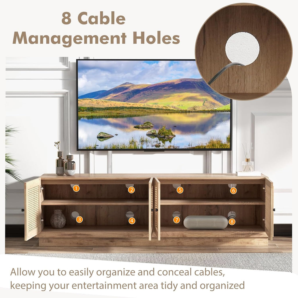 Tangkula Farmhouse TV Stand for TVs Up to 75-Inch, PE Rattan Entertainment Center with Storage and Adjustable Shelves, Mid Century Modern TV Console with 2 Cabinets and 8 Cable Holes for Living Room