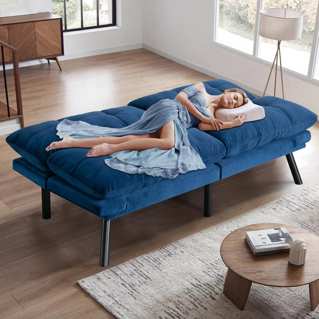 SoarFlash 67 Inch Futon Double Sofa Bed, 2 in 1 Velvet Loveseat Sofa with Adjustable Backrest for Living Room Bedroom Office Apartment Compact Couch(Blue)