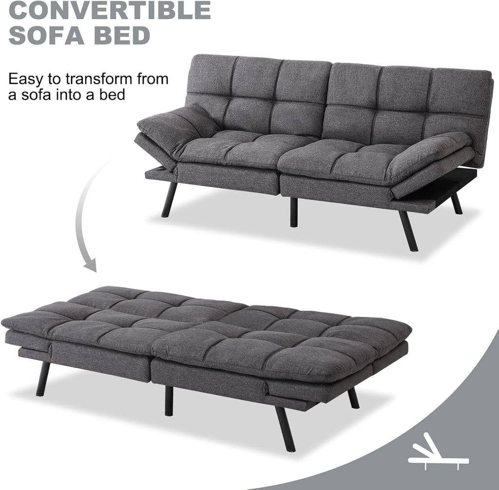 Futon Sofa Bed Convertible Couch,Memory Foam Futon Sofa Couch,Sleeper Futons Sofa Couches,Small Splitback Modern Loveseat Sofa Bed for Living Room,Office,Apartment,Linen Fabric,Dark Gray.