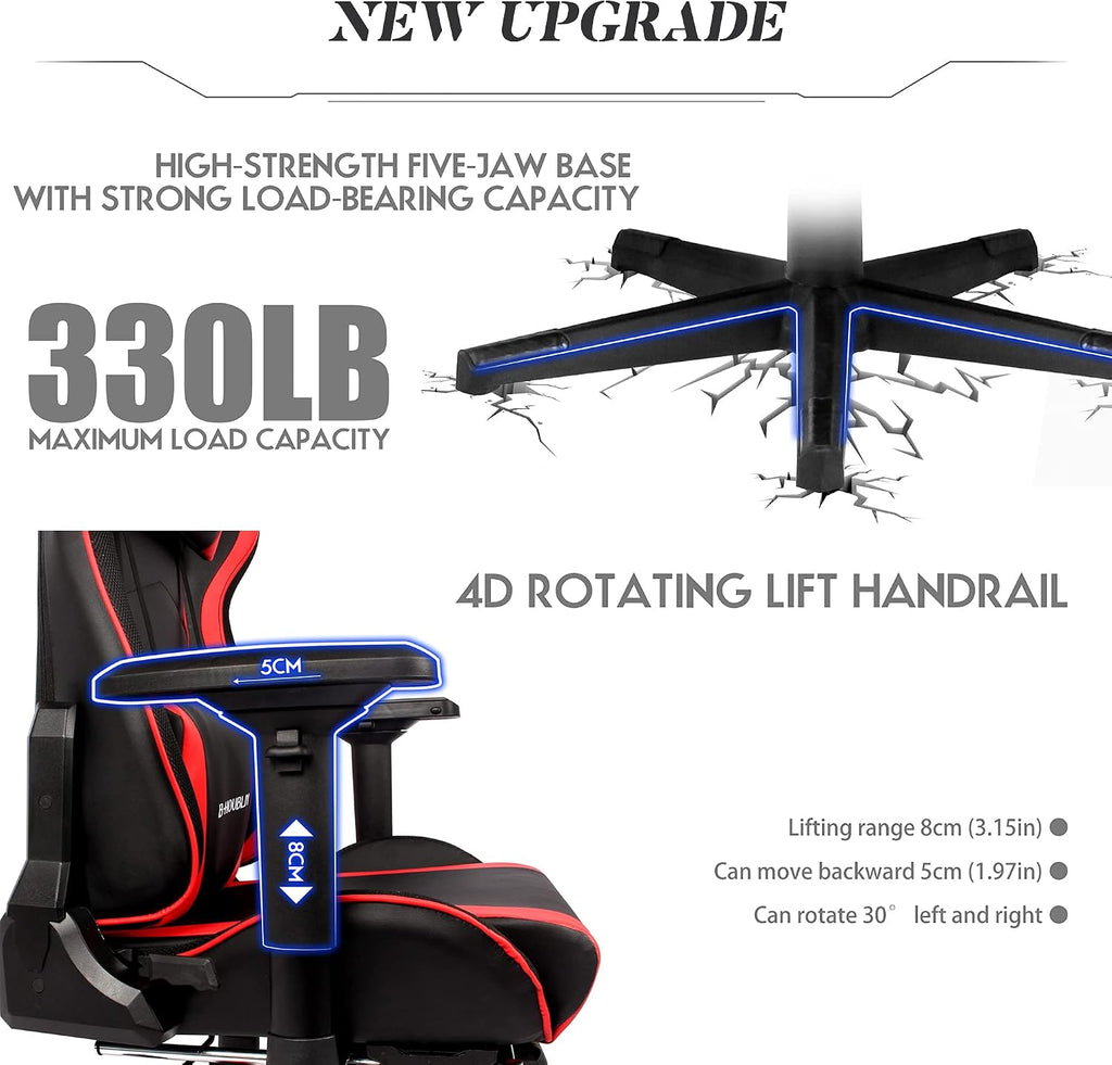 Ergonomic High Back RGB Gaming Chair with Footrest, Massage Video Game Chairs with Speakers, Computer Chair with 4D Handrail Lumbar Support PU Leather 360° Swivel Racing Chair,Pink