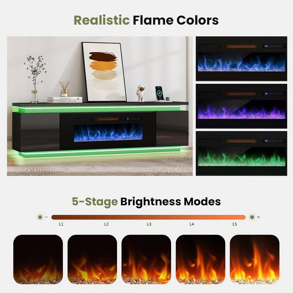 Lamtor Fireplace TV-Stand with 40' Fireplace - 2 LED Light TV-Stand for 85 inch TVs - Entertainment Center with 4 AC Power Outlets - 2 Tier TV Consoles Stand for Living Room, Black