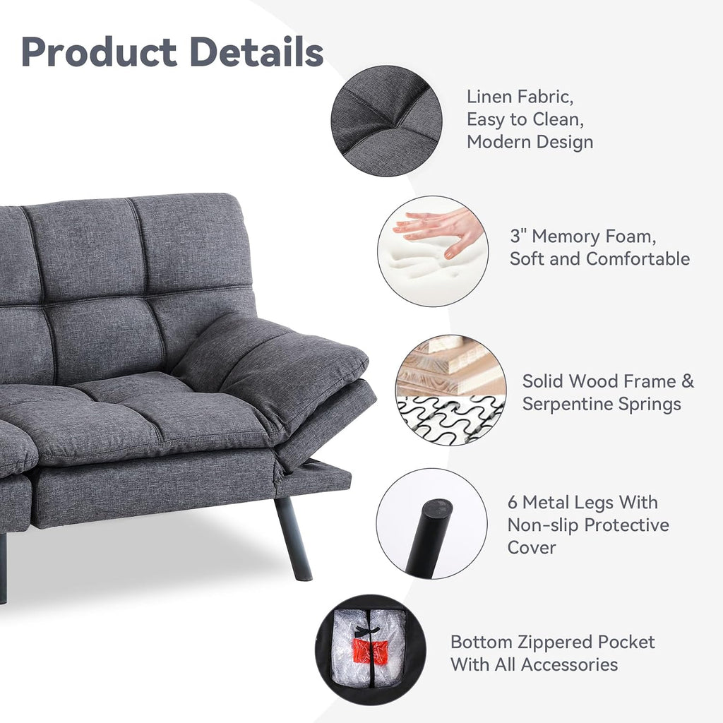 71' Convertible Futon Sofa Bed,Linen Fabric Futon Couch Bed,Memory Foam Sleeper Sofa,Modern Folding Small Loveseat for Living Room,Office,Apartment,Retro Grey