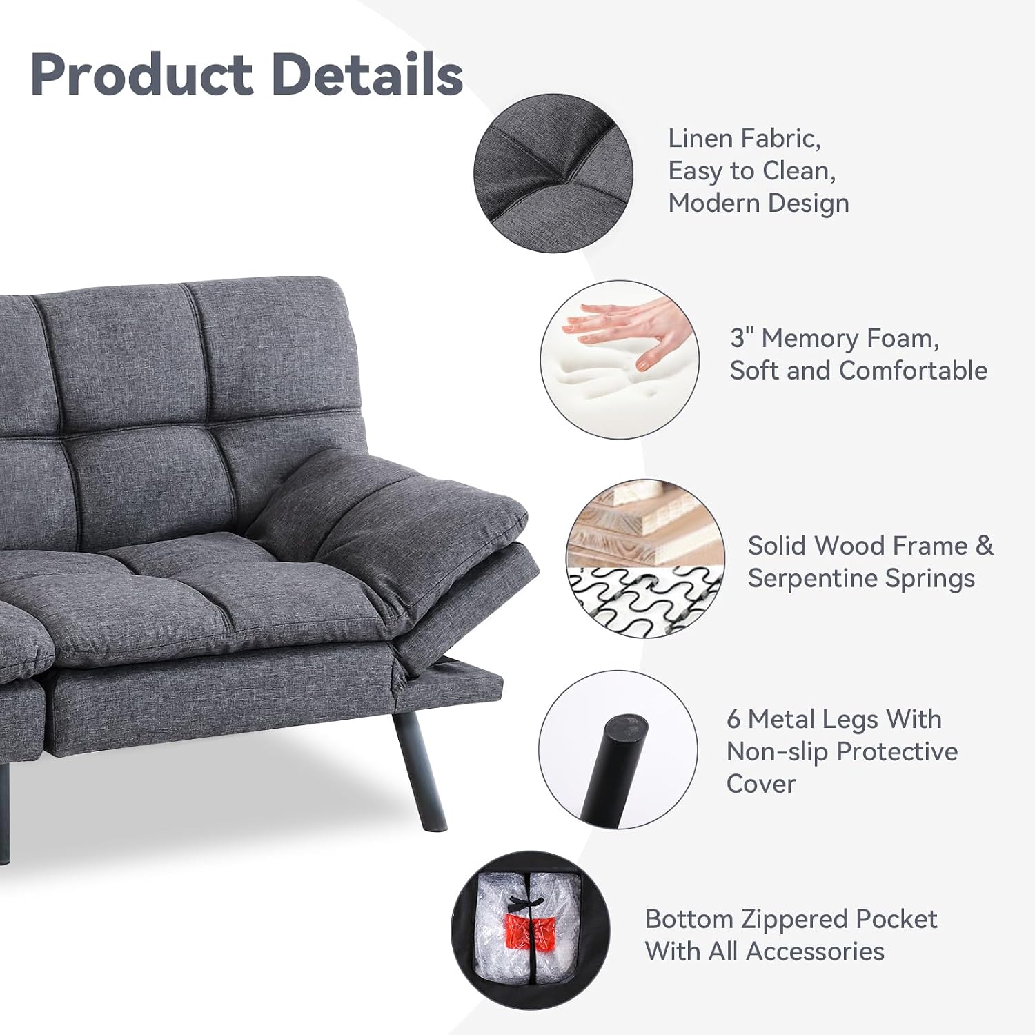 71' Convertible Futon Sofa Bed,Linen Fabric Futon Couch Bed,Memory Foam Sleeper Sofa,Modern Folding Small Loveseat for Living Room,Office,Apartment,Retro Grey