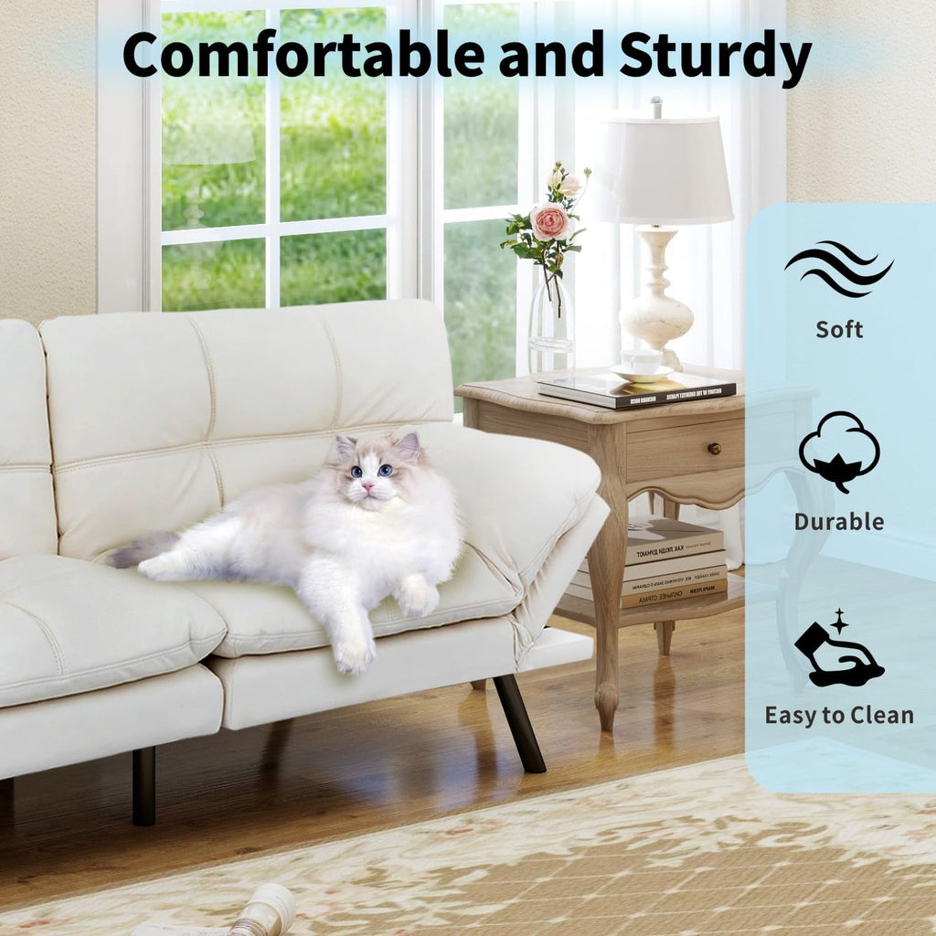 MUUEGM 71' Convertible Futon Sofa Bed, Upholstered Small Futon Couches with Adjustable Backrest, Loveseat Sleeper Bed for Compact Living Room Studio Office (White)