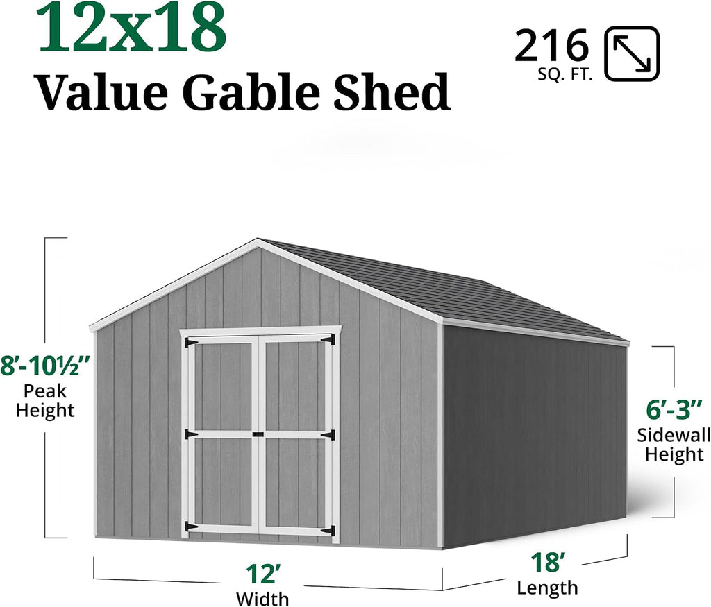 Little Cottage Co. 12x18 Value Gable Shed with Floor, Outdoor Wood Storage Do-It-Yourself Precut Kit