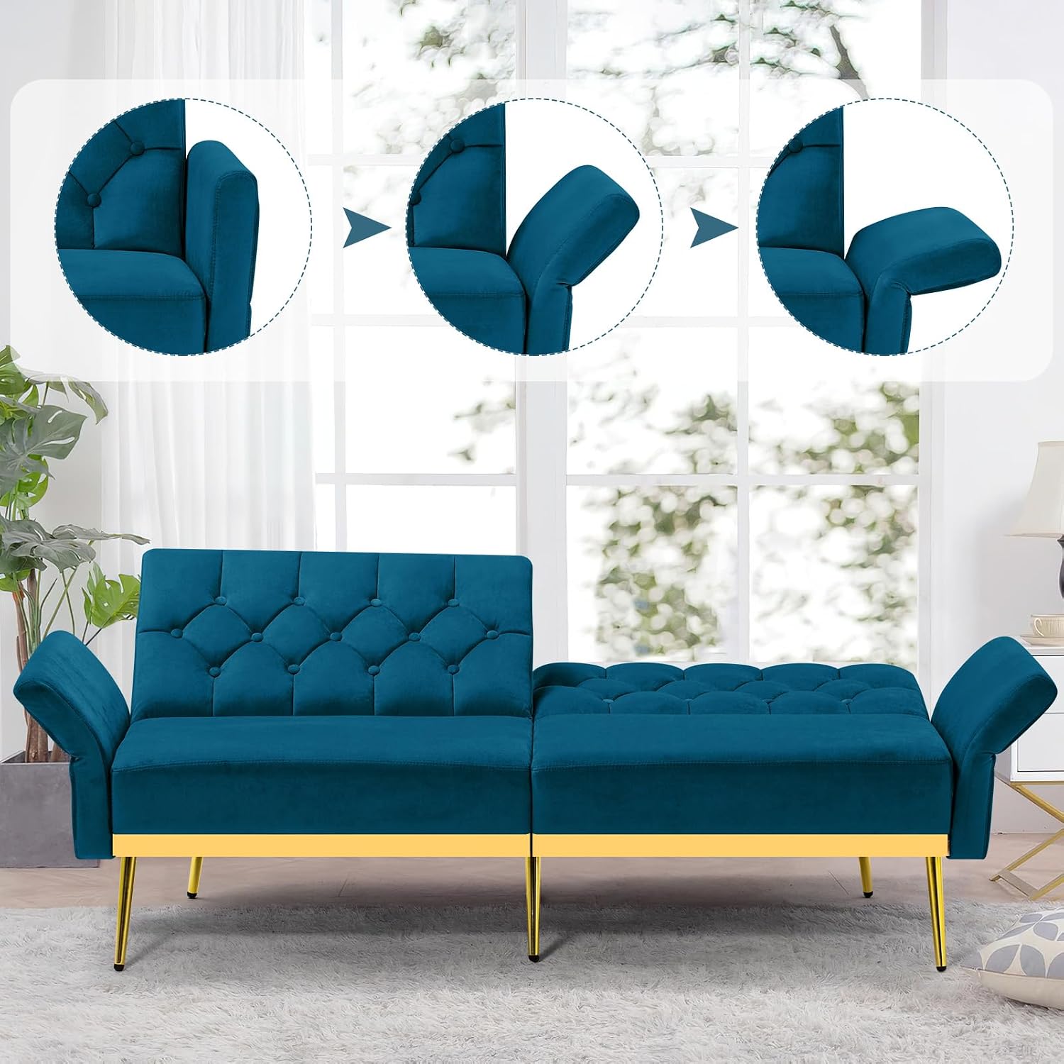 Tufted Velvet Futon Sofa Bed w/Adjustable Armrests & Backrests, Comfortable Sleeper Couch, Modern Convertible Love seat Sofa for Living Room, Bedroom, Apartment, Teal